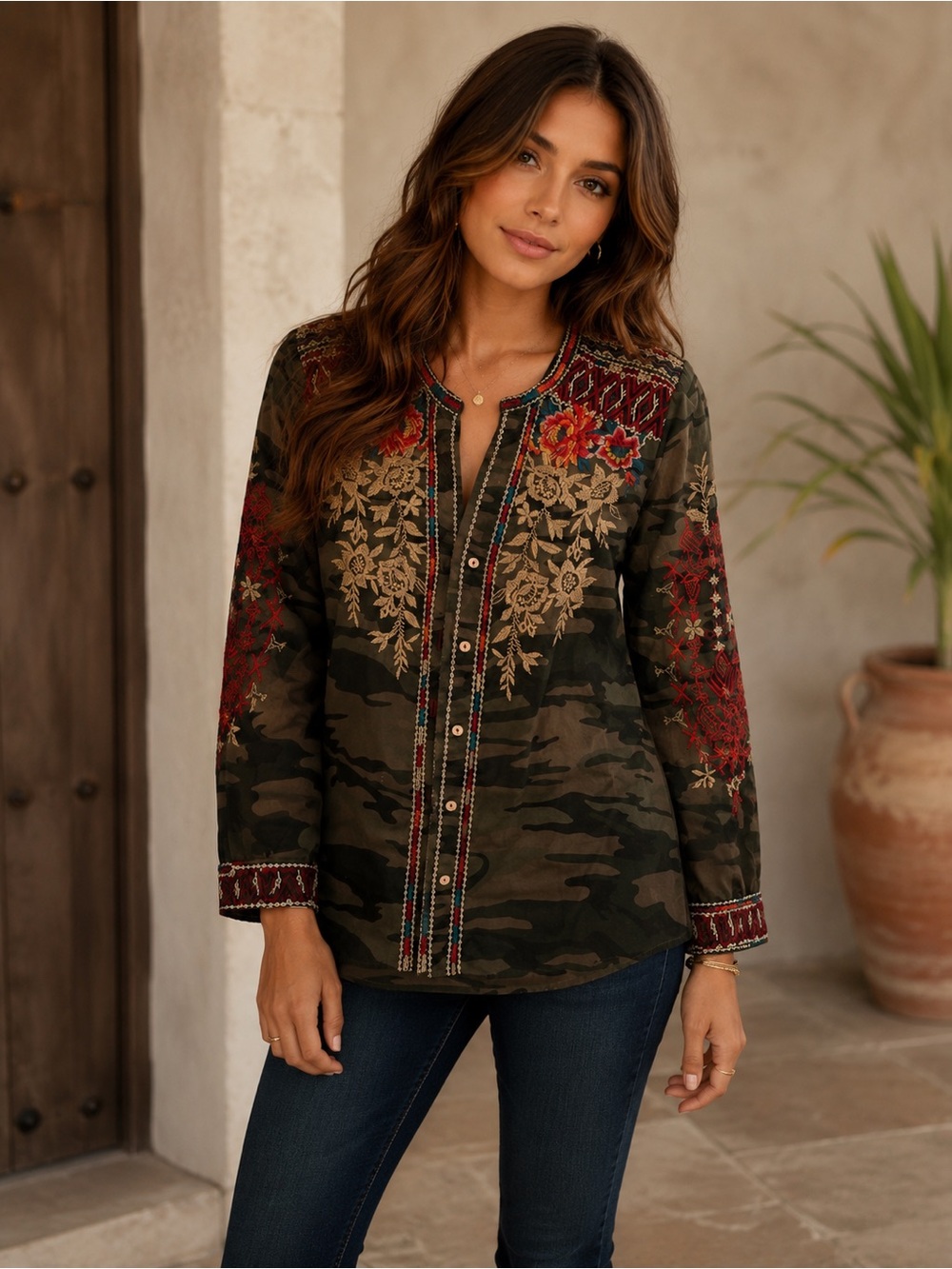 Johnny Was Olive Green Camo Embroidered Button-Down Top